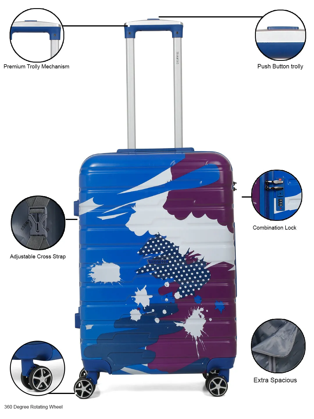 Blue Purple Abstract printed hard sided trolley bag