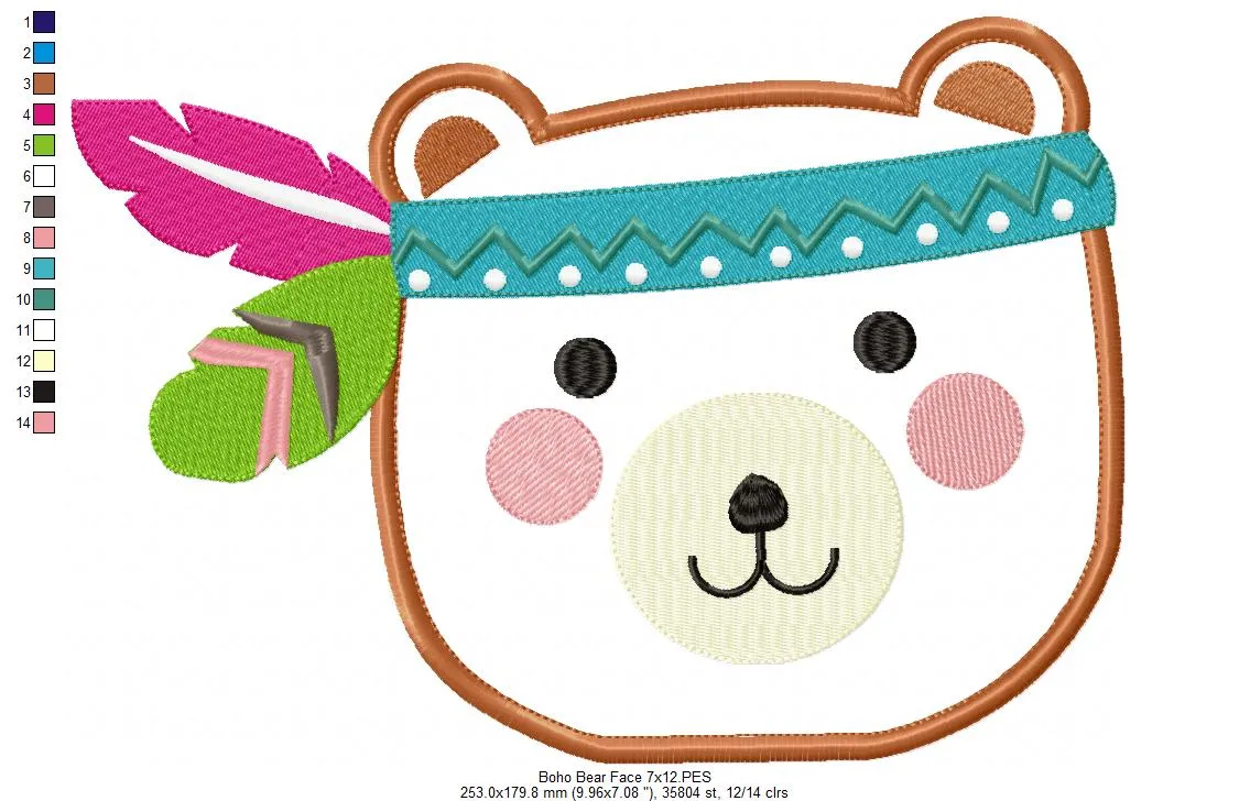 Boho Bear Face Smiling - Applique - Machine Embroidery Design