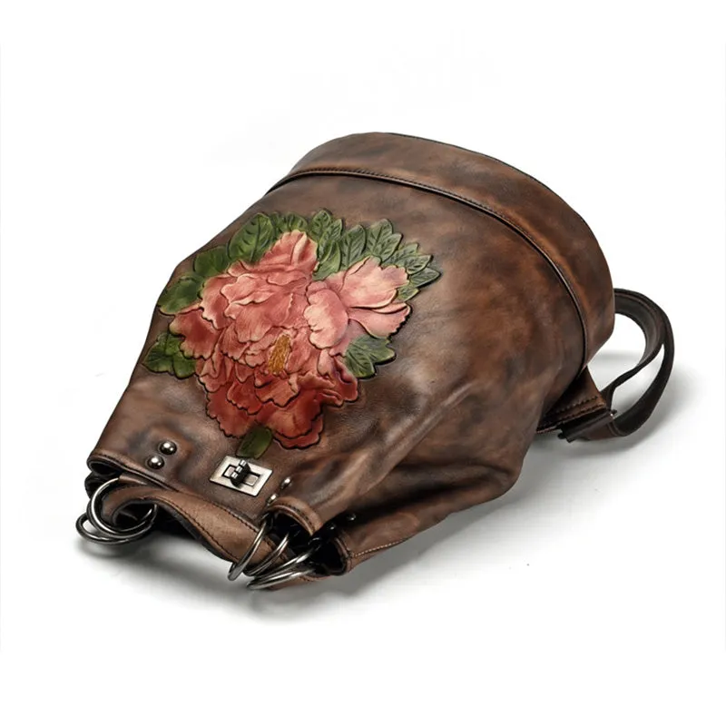Boho Womens Genuine Leather Backpack Purse Small Shoulder Bag for Women