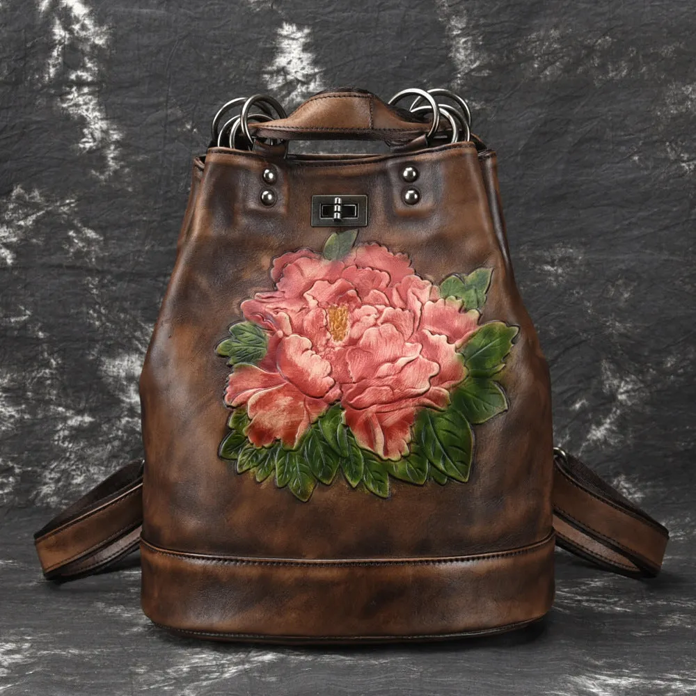 Boho Womens Genuine Leather Backpack Purse Small Shoulder Bag for Women