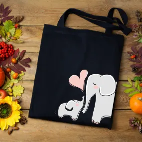 Canvas Tote Bag: Baby & Mom Elephant Print