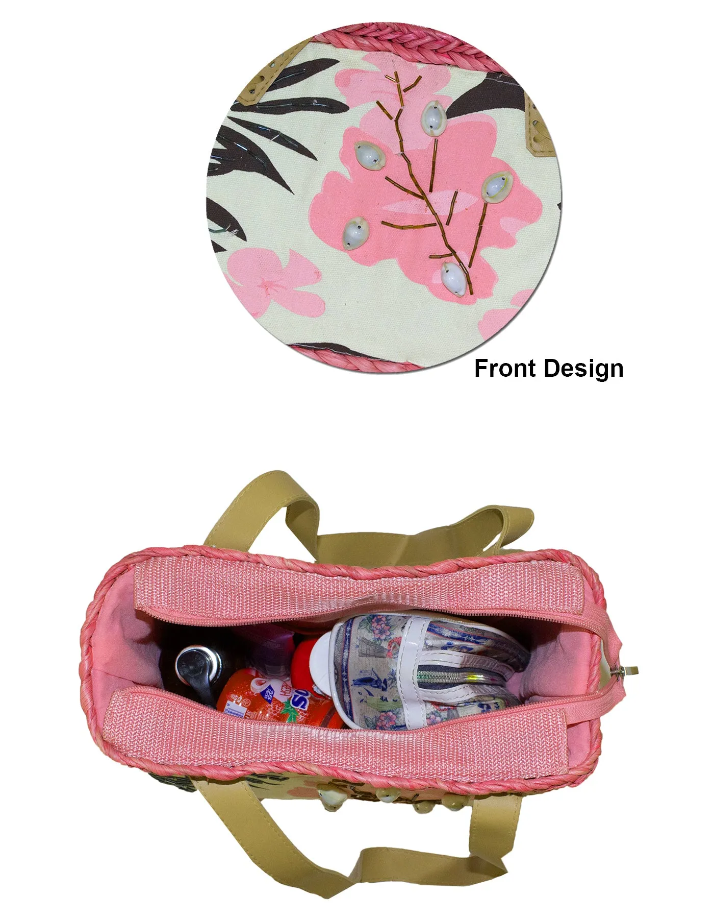 Fino CJK-05050 Straw /Canvas Bag with Front beading pattern