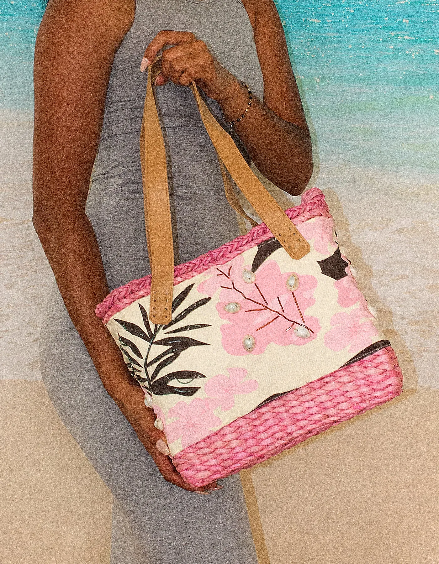 Fino CJK-05050 Straw /Canvas Bag with Front beading pattern