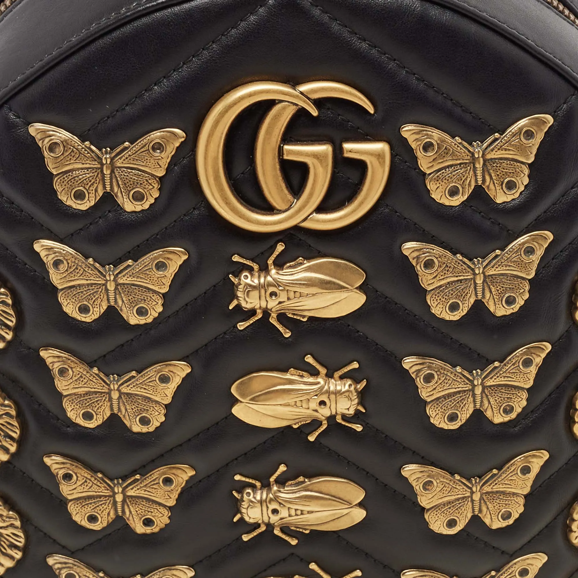 Gucci Black Matelass&eacute; Leather Animal Stud Gg Marmont Dome Backpack