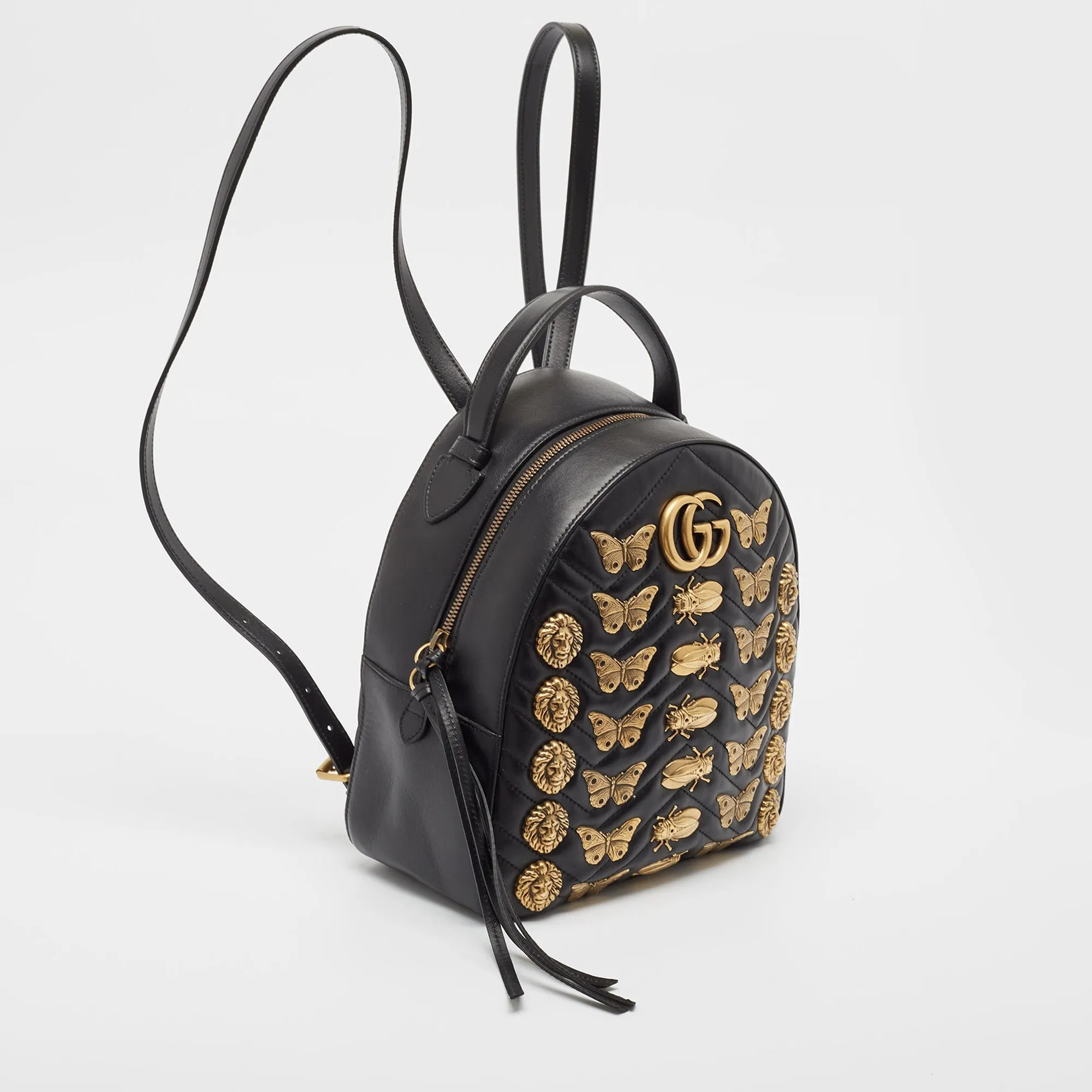 Gucci Black Matelass&eacute; Leather Animal Stud Gg Marmont Dome Backpack