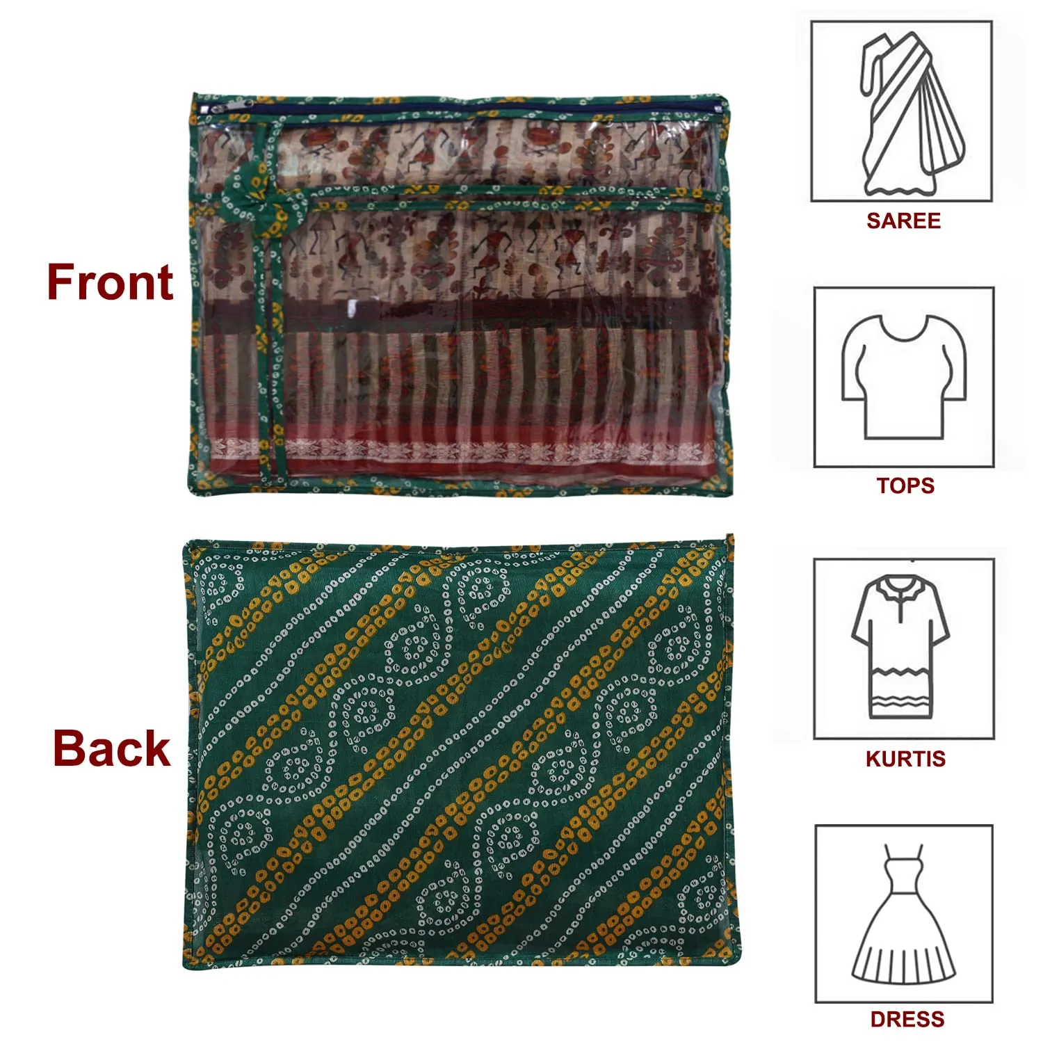 Heart Home Bandhani Print PVC Foldable Single Saree Cover|Clothes Storage For Saree, Lehenga, Suit With Transparent Pack of 6 (Green)