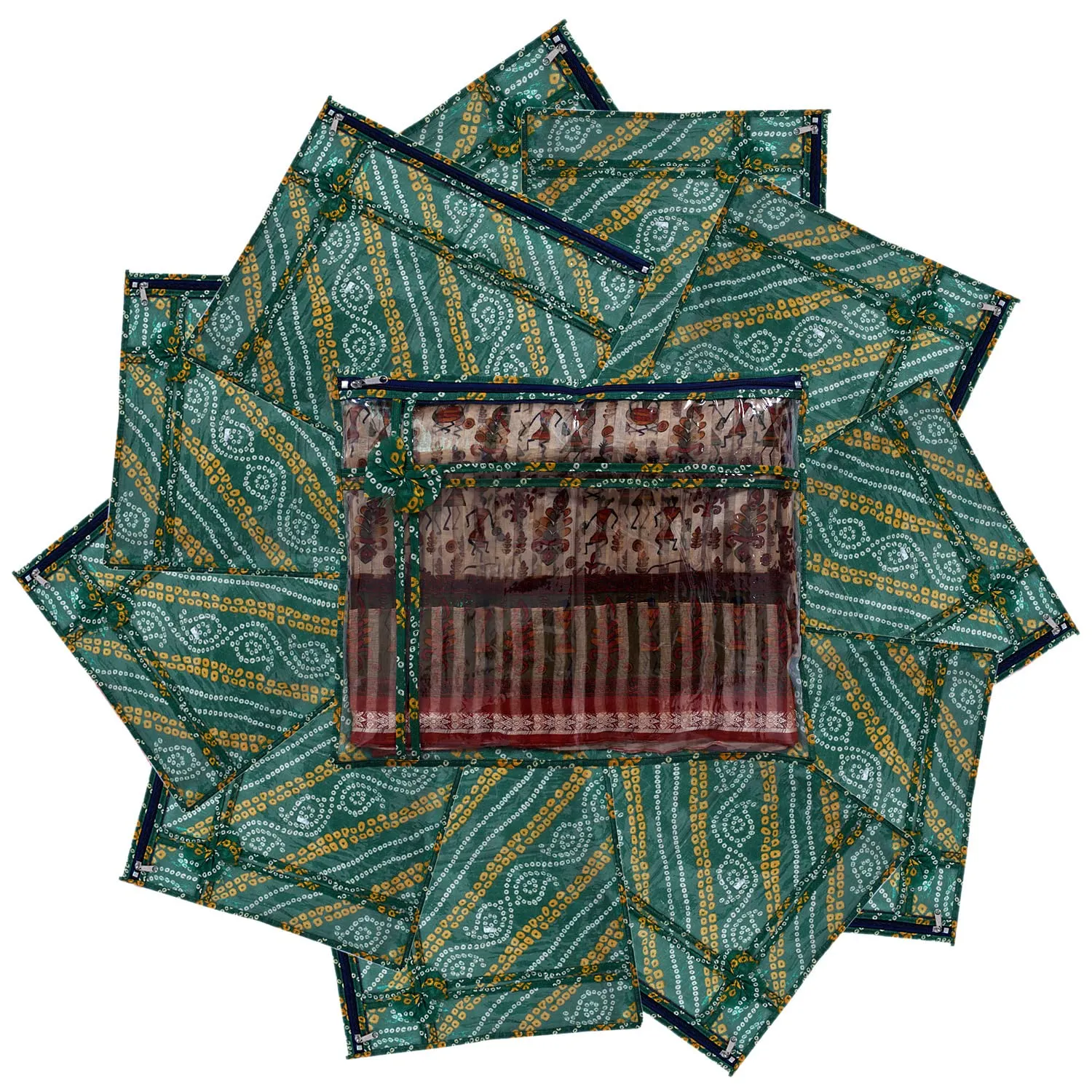 Heart Home Bandhani Print PVC Foldable Single Saree Cover|Clothes Storage For Saree, Lehenga, Suit With Transparent Pack of 6 (Green)