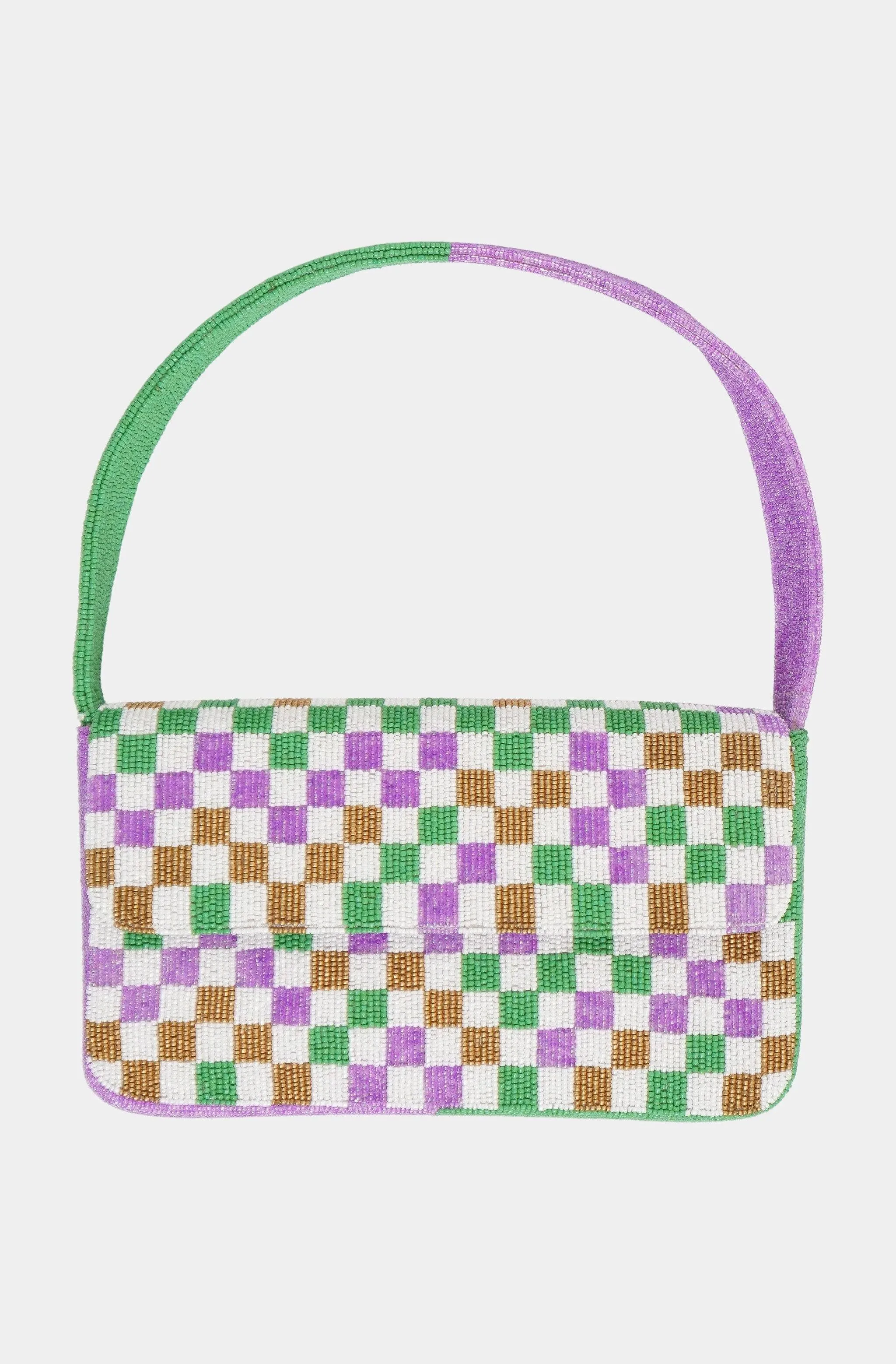 Hemline Exclusive Mardi Gras Checkered Shoulder Beaded Bag
