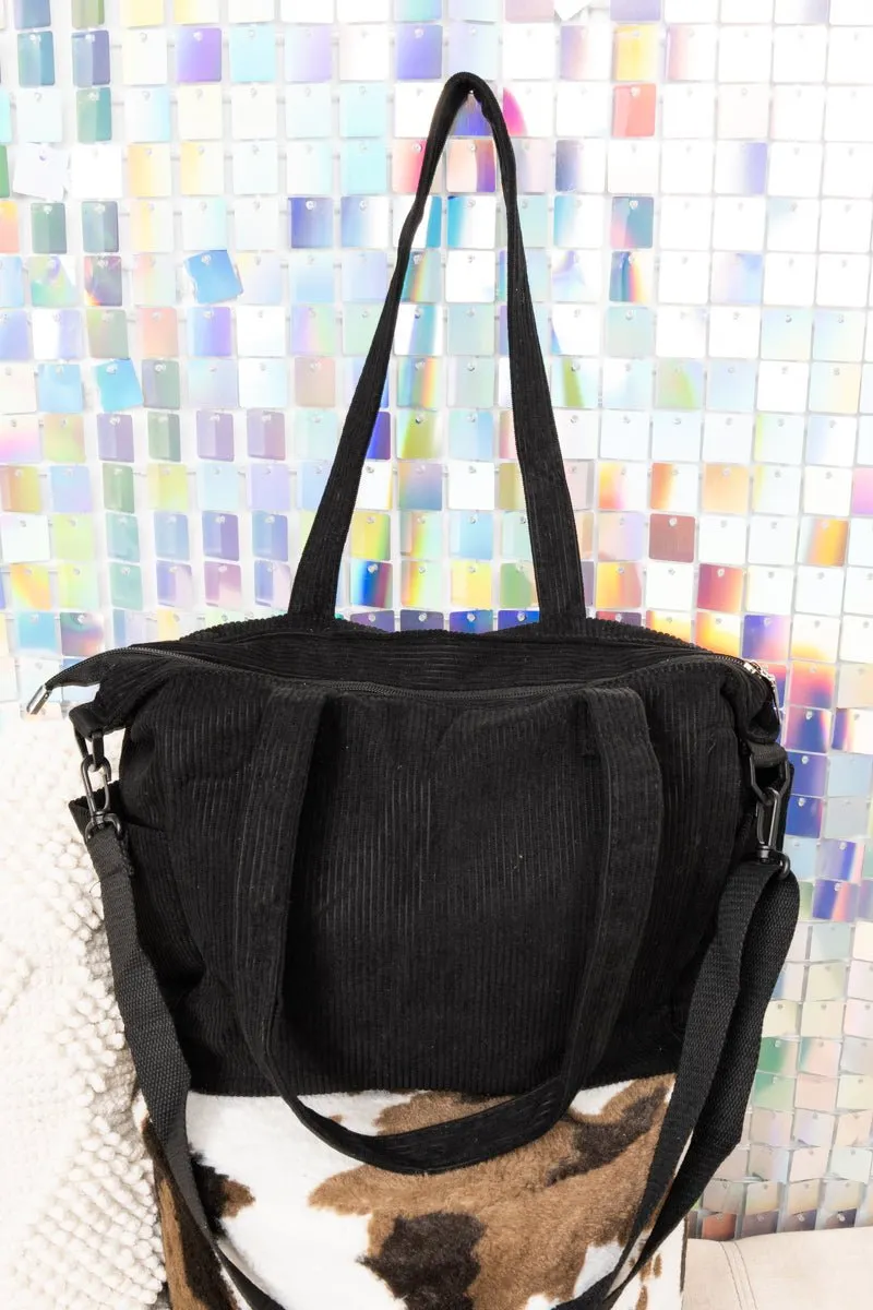 L.I.B. New York In The Moment Black Corduroy Pocket Tote