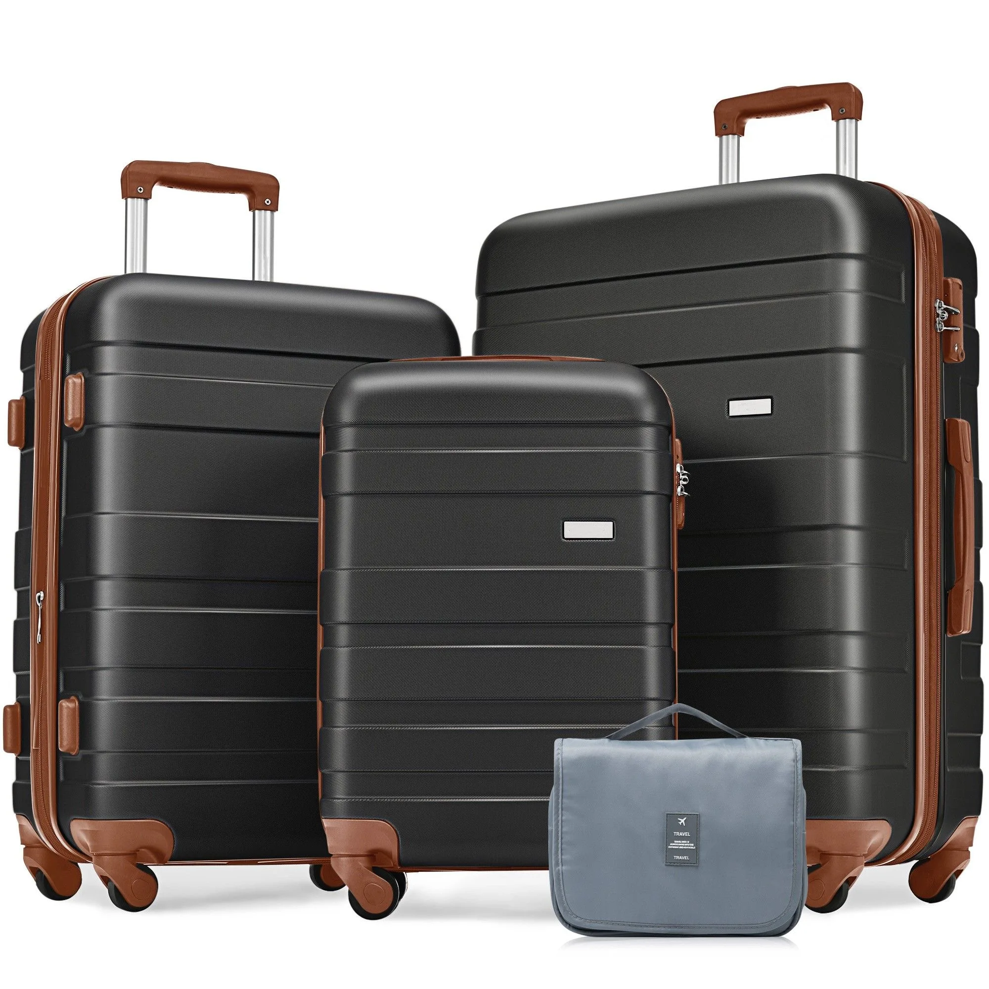 Luggage Sets 3 Piece, Expandable Abs Durable Suitcase With Hanging Toiletry Bag, Carry On Luggage Suitcase Set With 360° Spinner Wheels, Black And Brown