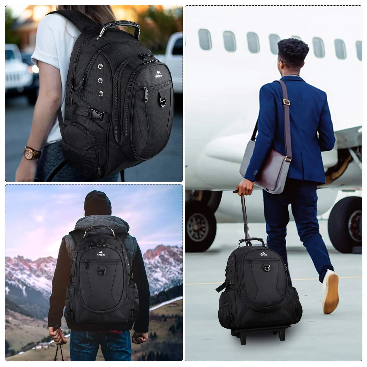 Matein Rolling Backpack, Travel Backpack with Removable Wheels for Men and Women, Roller Backpack fit 17 inch Laptop for Business, School, College, Black