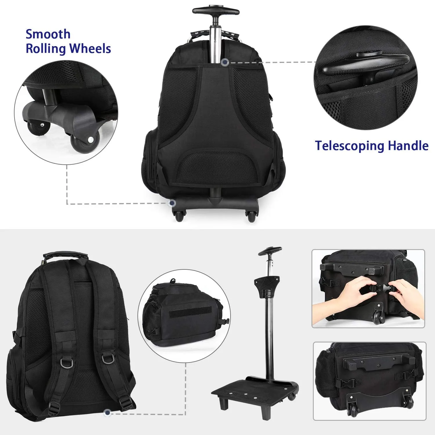 Matein Rolling Backpack, Travel Backpack with Removable Wheels for Men and Women, Roller Backpack fit 17 inch Laptop for Business, School, College, Black