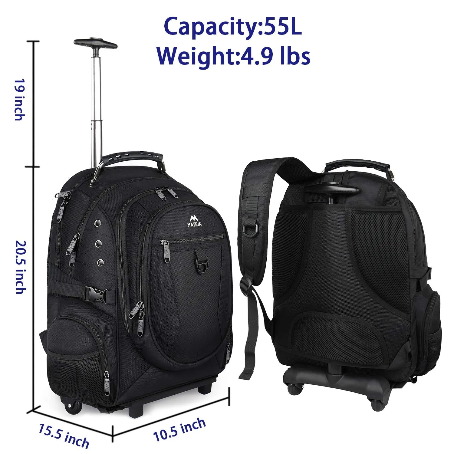 Matein Rolling Backpack, Travel Backpack with Removable Wheels for Men and Women, Roller Backpack fit 17 inch Laptop for Business, School, College, Black