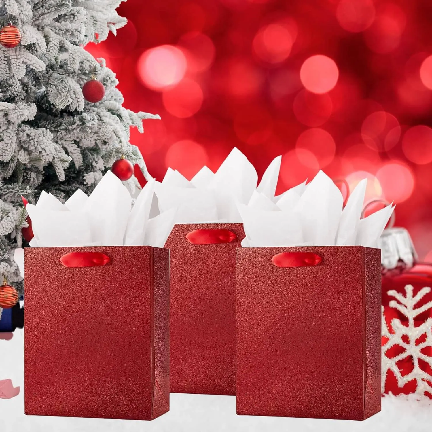 Red Glittered Gift Bags Bulk, Pack of 12