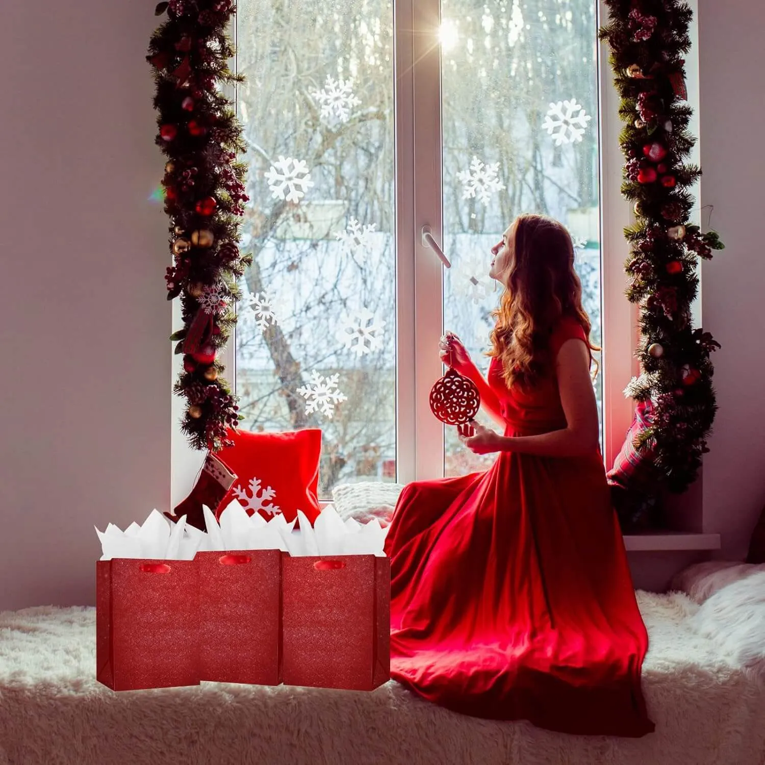 Red Glittered Gift Bags Bulk, Pack of 12