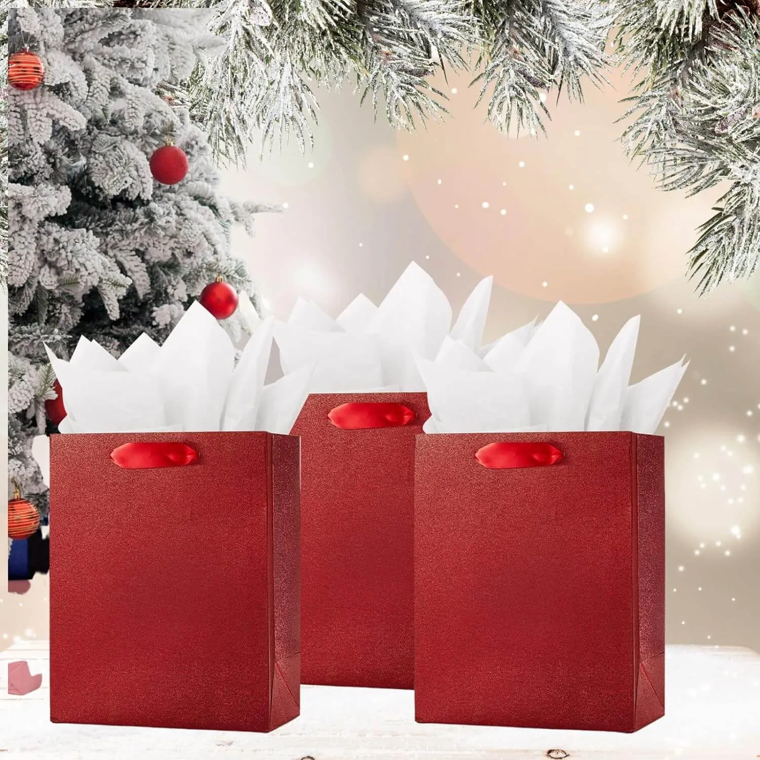 Red Glittered Gift Bags Bulk, Pack of 12