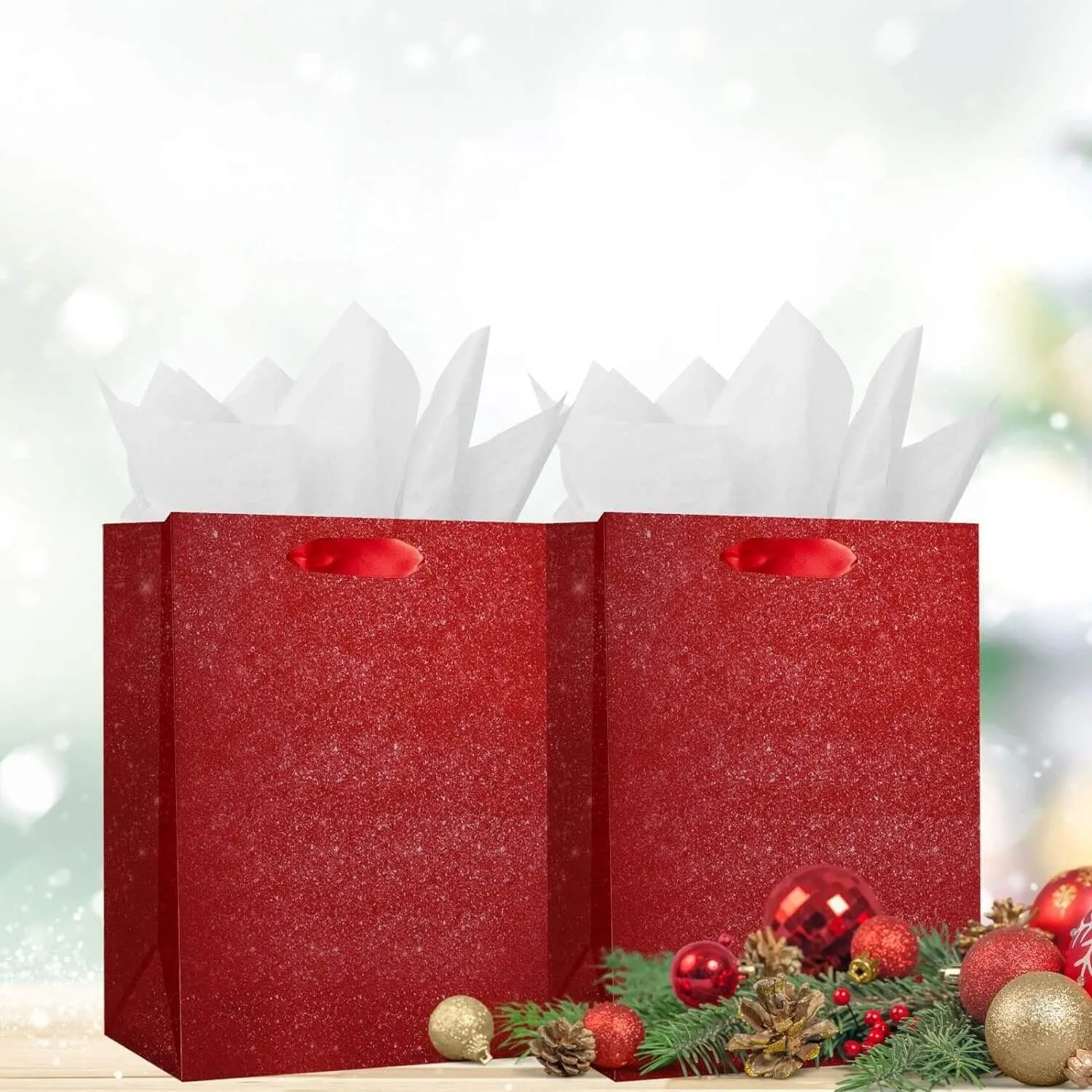 Red Glittered Gift Bags Bulk, Pack of 12