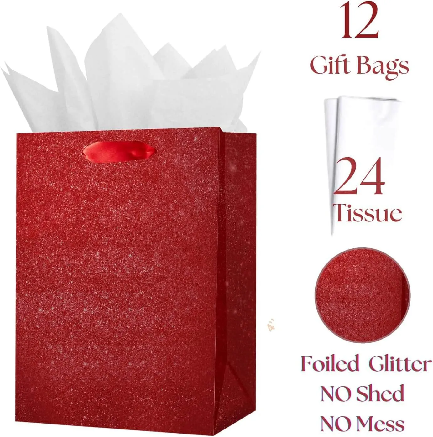 Red Glittered Gift Bags Bulk, Pack of 12