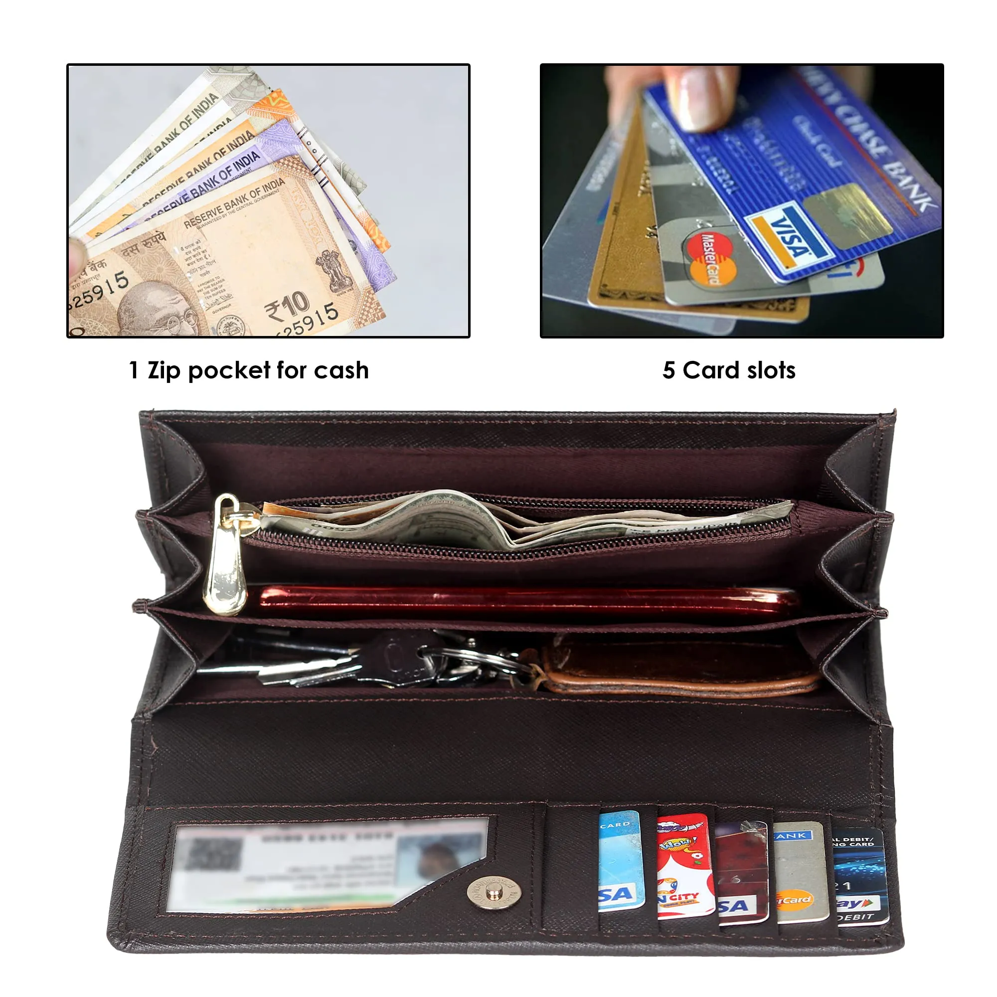 The Clownfish Jenessa Collection Genuine Leather Womens Wallet Clutch Ladies Purse with Multiple Card Slots & ID Card Window (Dark Chocolate Brown)