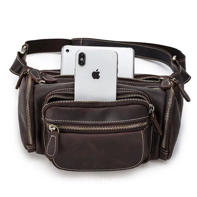 Travel-Friendly Genuine Leather Waist Bag Hands-Free Fanny