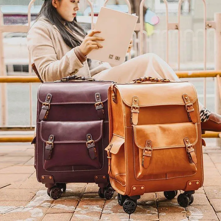 Woosir Rolling Vintage Leather Luggage Suitcase 22 Inch